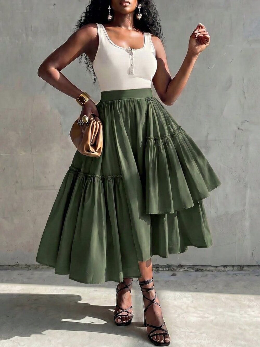 Green Casual Women's Elegant Brunch asymmetrical ruffled Skirt - Picture 3 of 5
